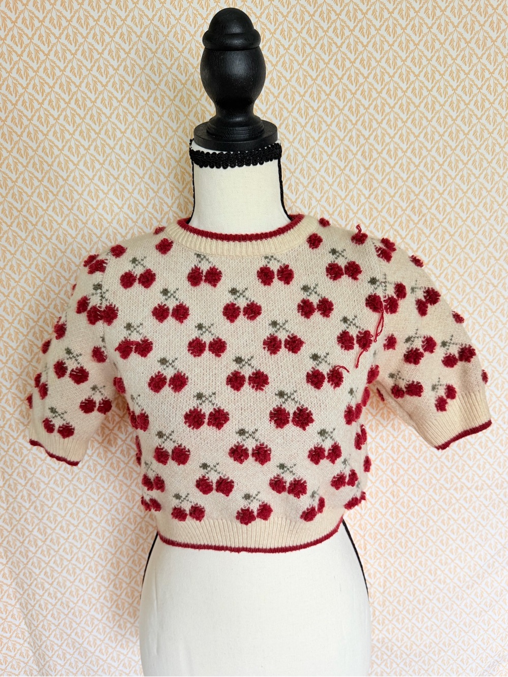 Cider Cream Knit Sweater with Red Cherry Motif